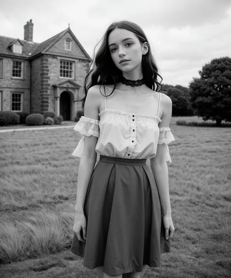 19th Century English Countryside  \(style\)  photo of fit, thin  25 year old  jp-Gingerv1-275 ,Wild raven-black hair, stormy grey eyes, Flowing dress with lace collar, On the moors, a mysterious mansion in the distance, Kodak Box Brownie with 100mm f/11, 1/30s, ISO 100, Ilford HP5