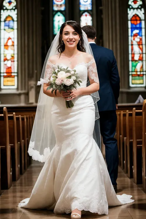 Romantic portrait of a young woman in a wedding dress, capturing the intricate lace details and her radiant smile, taken as she walks down the aisle, full-body shot, set in a grand cathedral with stained glass windows, lit by soft, natural light filtering through the glass, shot from the front to capture her full expression, using a 24-70mm lens with a medium aperture to keep both subject and background in focus, in the style of Yervant Zanazanian. (perfect face), (8K, 16k, uhd, dslr), (RAW photo:1.2), (best quality:1.4), (high quality:1.4), (masterpiece:1.2), (realistic:1.3), (photo-realistic:1.4), ultra-detailed, (grainy:0.4)