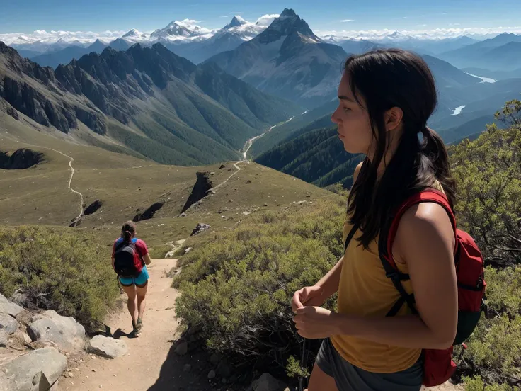 Naturalistic portrait of a female hiker, showcasing her sun-kissed skin and the wind-tousled hair, captured as she reaches the summit, medium shot, set against a breathtaking mountain landscape in the background, lit by the soft, early morning light, shot from a three-quarters angle to capture her profile and the vista, using an 18-55mm lens with a medium aperture to maintain depth of field, in the style of Jimmy Chin.. (8K, 16k, uhd, dslr), (RAW photo:1.2), (best quality:1.4), (high quality:1.4), (masterpiece:1.2), (realistic:1.3), (photo-realistic:1.4), ultra-detailed, (grainy:0.4)