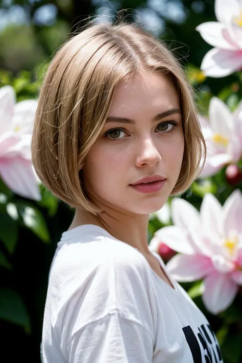 photo of a pretty 1girl, absurdres, platinum blonde hair, bob cut, medium breasts, black t-shirt, denim shorts, garden background, flowers, magnolias, apple tree, close up portrait, finely detailed skin, rim lighting, hard lighting, ((Kodak photography)) (8K, 16k, uhd, dslr), (RAW photo:1.2), (best quality:1.4), (high quality:1.4), (masterpiece:1.2), (realistic:1.3), (photo-realistic:1.4), ultra-detailed, (grainy:0.4)