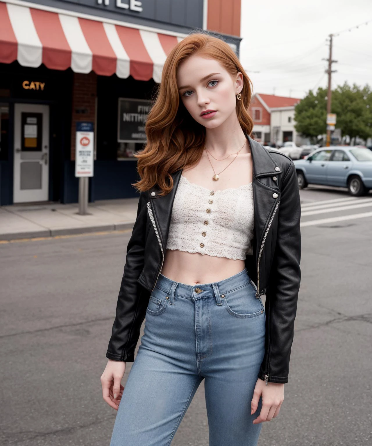 1980s \(style\) photo of fit, thin 25 year old jp-Gingerv1-275 ,Asymmetrical cut, vibrant lipstick, Corset top, acid wash jeans, biker jacket, Retro diner with checkerboard floors, Canon EOS 5D Mark IV, 85mm f/1.8, 1/200s, ISO 640
