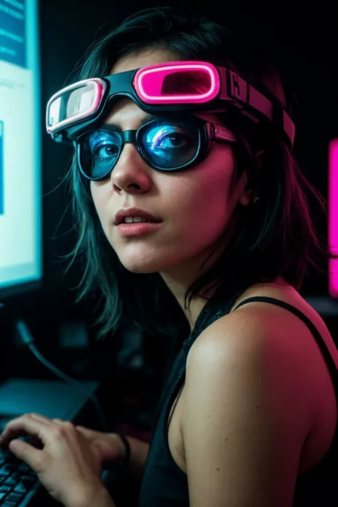 Cyberpunk-inspired portrait of a female hacker, capturing her neon-colored hair and augmented reality goggles, taken in a dimly lit room filled with computer screens displaying code, close-up, set against a backdrop of tangled wires and circuit boards, illuminated by the eerie glow of neon lights and computer screens, shot from a low angle to emphasize her dominant posture, using a 35mm lens with a wide aperture to create a shallow depth of field, focusing on her face while blurring the chaotic background, in the style of Hideo Kojima's visual artists. (perfect face), (8K, 16k, uhd, dslr), (RAW photo:1.2), (best quality:1.4), (high quality:1.4), (masterpiece:1.2), (realistic:1.3), (photo-realistic:1.4), ultra-detailed, (grainy:0.4)