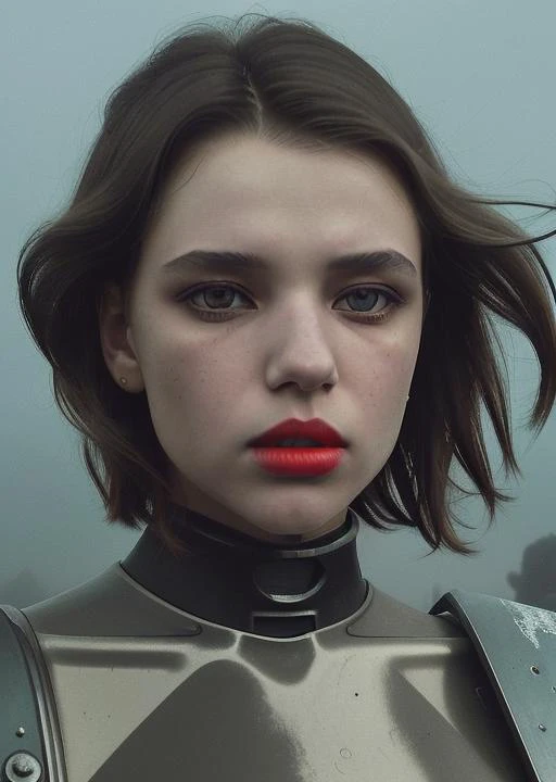 bruna, angelic face, half-length portrait of girl,light eyes, hair raised by the wind, long hair, pale skin, side lighting, high contrast , movement posture, dark background, photo quality, 4K, futuristic, diesel punk, ww1, cccp, red, warhammer, mech on background, battlefield, shadows, rain, fog, red lips <lora:bruna_linzmeyer_v1:1>