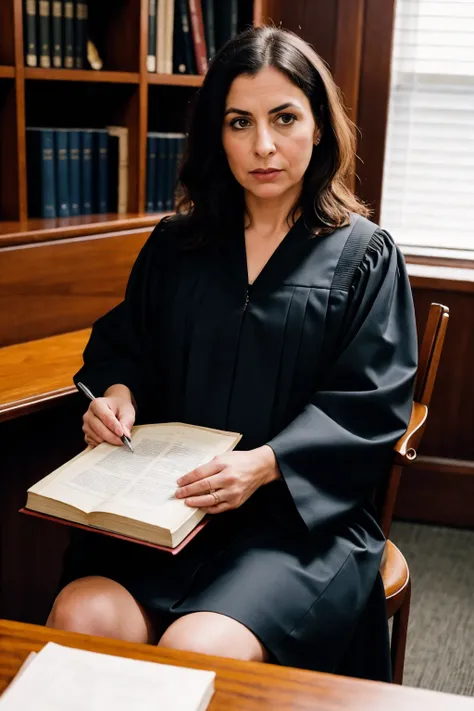 Photo of a female judge, in official robes, sitting at her desk, medium framing capturing her and the scales of justice, courtroom setting with legal books and a gavel, ambient window lighting for a serious mood, camera angle at eye-level, ISO 400, f/5.6, 1/60 sec, capturing the solemnity in the style of Yousuf Karsh. (perfect face), (amateur) (8K, 16k, uhd, dslr), (RAW photo:1.2), (best quality:1.4), (high quality:1.4), (masterpiece:1.2), (realistic:1.3), (photo-realistic:1.4), ultra-detailed, (grainy:0.7)