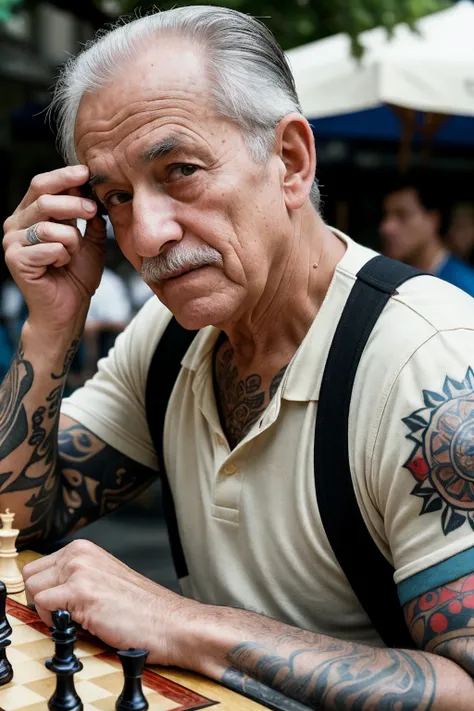 Candid street photography of an elderly man playing chess, focused expression and intricate tattoos on his arms, captured mid-move, framed with a 1:1 aspect ratio, set in a bustling outdoor cafe, under the shade of an umbrella, using high contrast lighting to emphasize facial features, shot at eye level, employing a 35mm lens with fast shutter speed to freeze the action, in the style of Henri Cartier-Bresson.  ((hasselblad photography)) (8K, 16k, uhd, dslr), (RAW photo:1.2), (best quality:1.4), (high quality:1.4), (masterpiece:1.2), (realistic:1.3), (photo-realistic:1.4), ultra-detailed, (grainy:0.4)