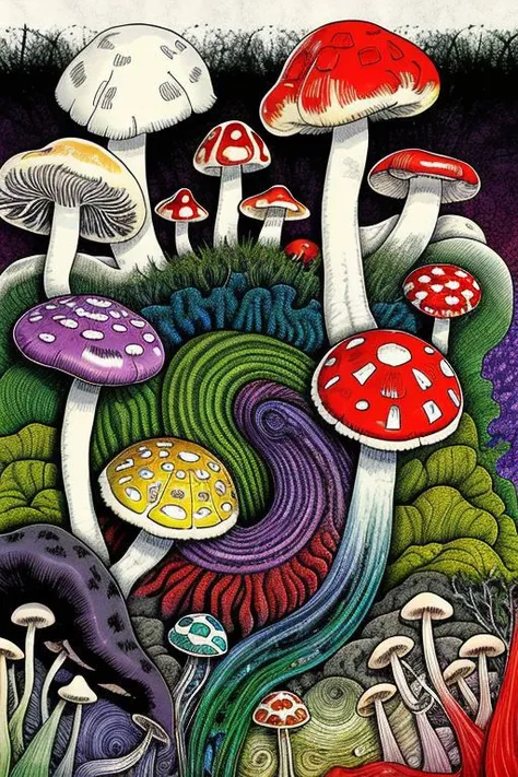 A colourful universe of mushrooms and psychedelic moss, by junji_ito by marionevado_v1