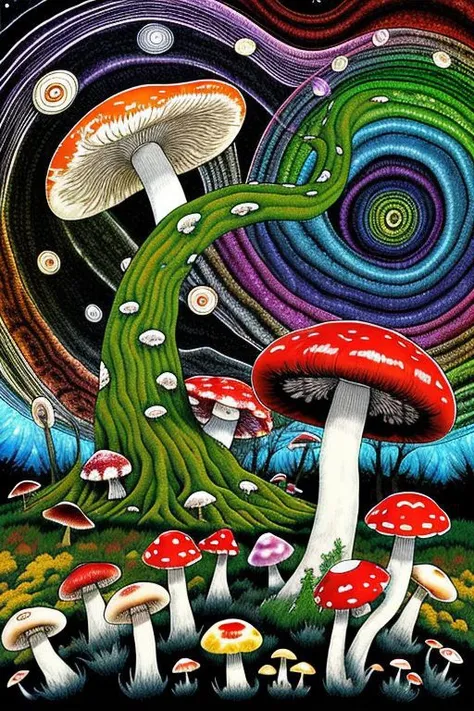 A colourful universe of mushrooms and psychedelic moss, by junji_ito by marionevado_v1