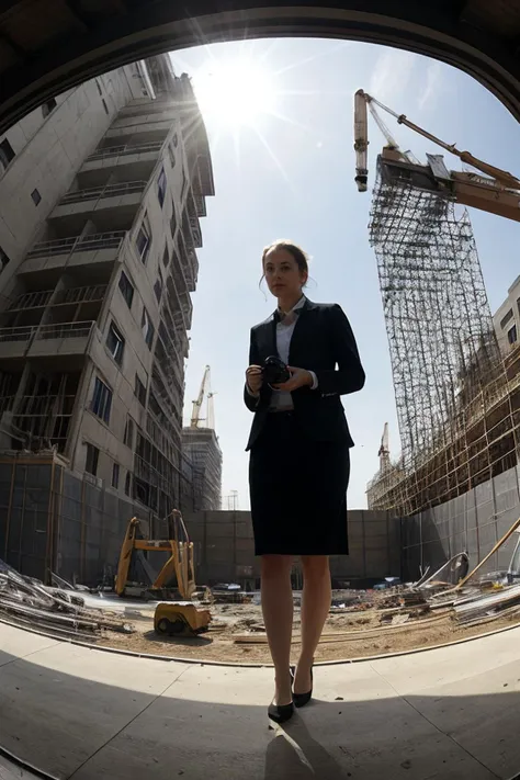 Photo of a female architect, in professional attire, inspecting a construction site, fish-eye lens capturing her and the entire site in a distorted perspective, construction setting with cranes and steel frames, midday sun providing bright lighting, camera angle at eye-level, ISO 100, f/8, 1/250 sec, capturing the expansive view akin to Andreas Gursky. (perfect face), (amateur) (8K, 16k, uhd, dslr), (RAW photo:1.2), (best quality:1.4), (high quality:1.4), (masterpiece:1.2), (realistic:1.3), (photo-realistic:1.4), ultra-detailed, (grainy:0.4)
