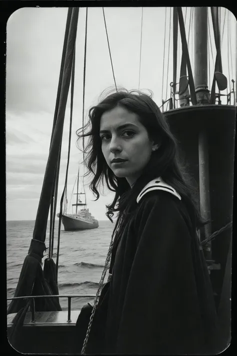 Photo of a female sailor, in period naval uniform, standing at the ship's helm, medium framing capturing her and the ship's rigging, maritime setting with ocean and sails, ambrotype process for glass plate negatives, natural lighting from the afternoon sun, camera angle at eye-level, ISO 25, f/16, 5-sec exposure, evoking the 19th-century style of Gustave Le Gray..(perfect face), (amateur) (8K, 16k, uhd, dslr), (RAW photo:1.2), (best quality:1.4), (high quality:1.4), (masterpiece:1.2), (realistic:1.3), (photo-realistic:1.4), ultra-detailed, (grainy:0.4)