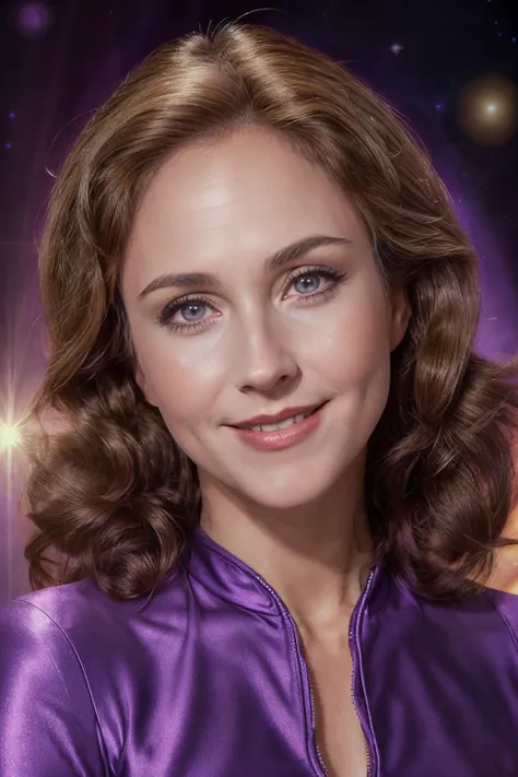 photorealistic photo of eringr, a mature woman wearing a purple spandex outfit, fine lines and wrinkles, beautiful eyes, standing, smiling, looking at the camera, space background, realistic, (masterpiece:1.1), (best quality:1.1), beautiful, (intricate details), unity 8k wallpaper, ultra detailed, aesthetic, perfect lighting, <lora:eringr_V2-000009:0.85>