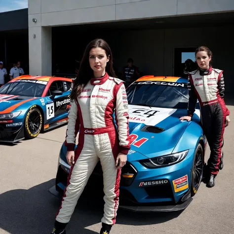 Photo of a female race car driver, in racing gear, standing next to her car, medium framing capturing her and the sleek design of the car, racetrack setting with pit crew in the background, late afternoon sunlight for dramatic shadows, camera angle slightly below eye-level, ISO 100, f/8, 1/200 sec, capturing the speed and precision in the style of Tim Wallace. (perfect face), (amateur) (8K, 16k, uhd, dslr), (RAW photo:1.2), (best quality:1.4), (high quality:1.4), (masterpiece:1.2), (realistic:1.3), (photo-realistic:1.4), ultra-detailed, (grainy:0.7)