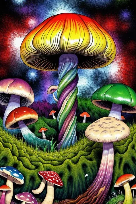 A colourful universe of mushrooms and psychedelic moss, by junji_ito by marionevado_v1