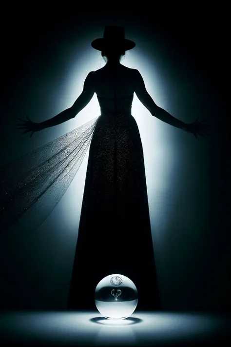 Surreal Photography Photo of a female illusionist, in vintage attire, levitating a crystal ball, medium framing capturing her with floating objects around, a dark room with mystical symbols as the background, dramatic spot lighting for ethereal effects, low camera angle to emphasize levitation, ISO 200, f/4, 1/60 sec, in the imaginative style of Salvador Dalí. (perfect face), (amateur) (8K, 16k, uhd, dslr), (RAW photo:1.2), (best quality:1.4), (high quality:1.4), (masterpiece:1.2), (realistic:1.3), (photo-realistic:1.4), ultra-detailed, (grainy:0.4)