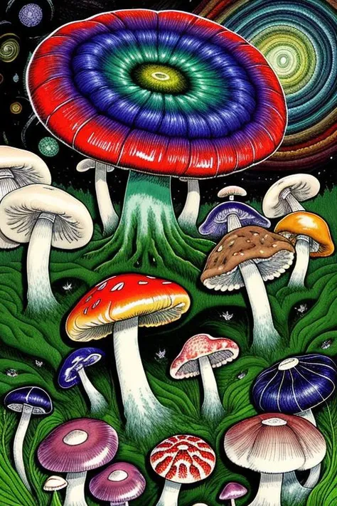 A colourful universe of mushrooms and psychedelic moss, by junji_ito by marionevado_v1