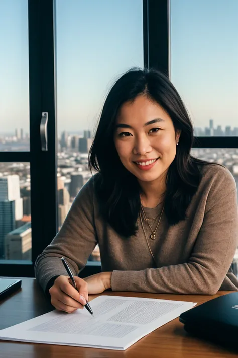 Empowering portrait of a female entrepreneur, capturing her confident smile and the skyline from her office window, taken at her desk surrounded by gadgets and documents, close-up, set against a backdrop of a high-rise city view, illuminated by late afternoon sunlight complemented by indoor lighting, shot at eye level to capture her poise, using a 35mm lens with a medium aperture to balance focus, in the style of Platon. (perfect face), (8K, 16k, uhd, dslr), (RAW photo:1.2), (best quality:1.4), (high quality:1.4), (masterpiece:1.2), (realistic:1.3), (photo-realistic:1.4), ultra-detailed, (grainy:0.4)