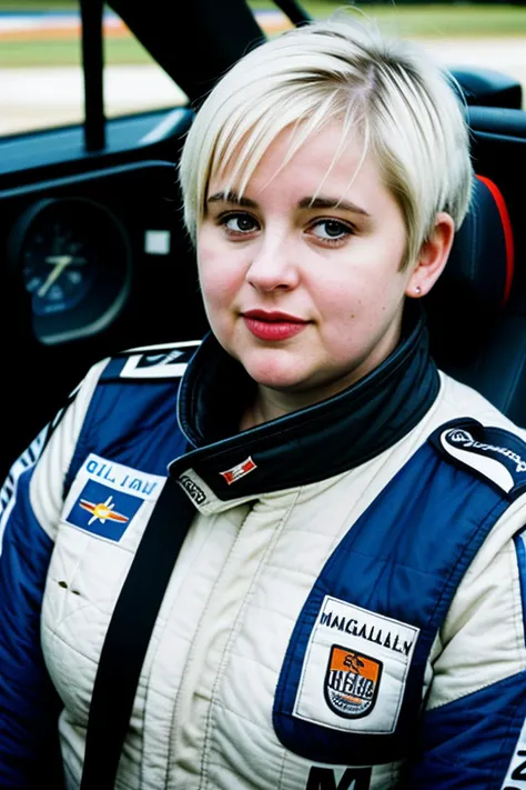 Analogue photo of a you woman age of 19, (obese racecar pilot woman:1.3), ((short white hair)), (detailed face features), fun person, (wearing pilot suit), in a race-car, full-body, rim lighting, hard lighting, ((hasselblad photography)) (8K, 16k, uhd, dslr), (RAW photo:1.2), (best quality:1.4), (high quality:1.4), (masterpiece:1.2), (realistic:1.3), (photo-realistic:1.4), ultra-detailed, (grainy:0.4)