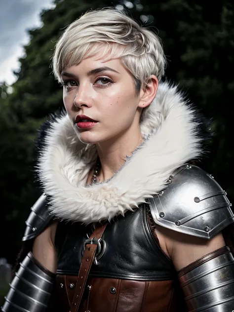 ((from fantasy age)), photo of a (necromancer) girl , age of 24, ((white pixie cut hair:1.2)), ((pale skin color)), exceptionally detailed skin, (wolf fur, cloak flows from her shoulder), (wolf-fur leather armour:1.4), (detailed face features), (dark colored lips:1.2), full-body, in the medieval cemetery, rim lighting, hard lighting, from below, (fisheye lens:1.3)((hasselblad photography)) (8K, 16k, uhd, dslr), (RAW photo:1.2), (best quality:1.4), (high quality:1.4), (masterpiece:1.2), (realistic:1.3), (photo-realistic:1.4), ultra-detailed, (grainy:0.4)