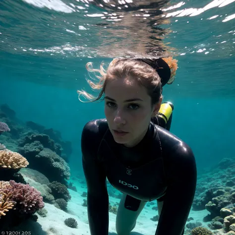 Photo of a female marine biologist, in wetsuit and snorkel gear, examining coral reefs, medium framing capturing her and the vibrant underwater flora, tropical sea setting with clear waters, natural sunlight filtering through the water, camera angle at eye-level, ISO 200, f/8, 1/125 sec, capturing the underwater ecosystem in the style of Paul Nicklen. (perfect face), (amateur) (8K, 16k, uhd, dslr), (RAW photo:1.2), (best quality:1.4), (high quality:1.4), (masterpiece:1.2), (realistic:1.3), (photo-realistic:1.4), ultra-detailed, (grainy:0.7)