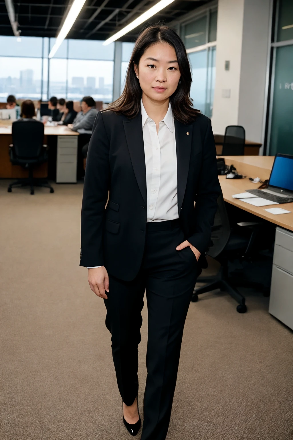Female entrepreneur, business attire, confident stance, square, modern office, balanced lighting, eye-level, ISO 200, f/2.8, 1/60 sec, Martin Schoeller style. (perfect face), (8K, 16k, uhd, dslr), (RAW photo:1.2), (best quality:1.4), (high quality:1.4), (masterpiece:1.2), (realistic:1.3), (photo-realistic:1.4), ultra-detailed, (grainy:0.4)