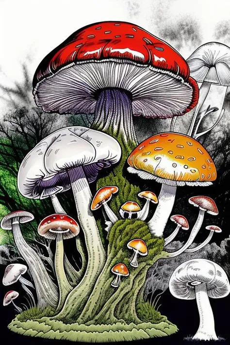 A colourful universe of mushrooms and psychedelic moss, by junji_ito by marionevado_v1