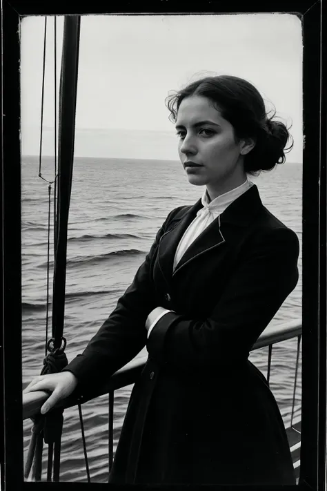 Photo of a female sailor, in period naval uniform, standing at the ship's helm, medium framing capturing her and the ship's rigging, maritime setting with ocean and sails, ambrotype process for glass plate negatives, natural lighting from the afternoon sun, camera angle at eye-level, ISO 25, f/16, 5-sec exposure, evoking the 19th-century style of Gustave Le Gray..(perfect face), (amateur) (8K, 16k, uhd, dslr), (RAW photo:1.2), (best quality:1.4), (high quality:1.4), (masterpiece:1.2), (realistic:1.3), (photo-realistic:1.4), ultra-detailed, (grainy:0.4)