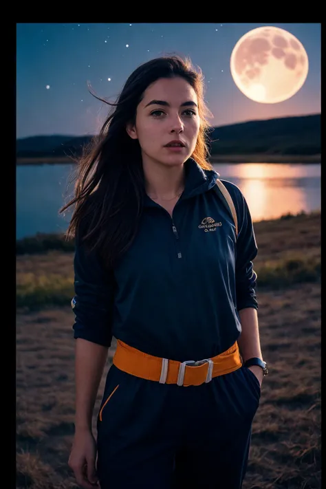 Astrophotography Photo of a female astronomer, in outdoor gear, looking through a telescope, medium framing capturing her from waist up, backdrop featuring a starry night sky, ambient moonlight for natural illumination, slightly low camera angle to show telescope and sky, ISO 3200, f/2.8, 15 sec, capturing the cosmic essence akin to David Malin. (perfect face), (amateur) (8K, 16k, uhd, dslr), (RAW photo:1.2), (best quality:1.4), (high quality:1.4), (masterpiece:1.2), (realistic:1.3), (photo-realistic:1.4), ultra-detailed, (grainy:0.4)