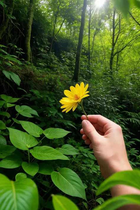 Nature Photography Photo of a female botanist, in field attire holding a magnifying glass, closely examining a rare flower, close-up framing focusing on her and the flower, lush forest setting with diverse flora, natural sunlight filtering through the canopy, eye-level camera angle for subject focus, ISO 100, f/5.6, 1/125 sec, evoking the observational style of Frans Lanting. (perfect face), (amateur) (8K, 16k, uhd, dslr), (RAW photo:1.2), (best quality:1.4), (high quality:1.4), (masterpiece:1.2), (realistic:1.3), (photo-realistic:1.4), ultra-detailed, (grainy:0.4)