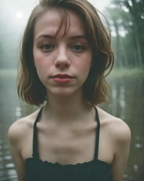 documentary, close-up photo of a young woman, ginger, full body shot,random pose, modern clothes, (dark misty swamp), pastel, god rays, technicolor, soft tones,dreamy haze,perfect face,by Lee Friedlander