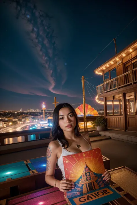 1girl, (portrait art stylized by Jean-Jacques Avril I:0.7) and (Clara Peeters:1.1) and (Zeen Chin:0.8) , grand VRay, Golden ratio, majestic, Aerial View of a Snug Aesthetically Pleasing Nautical ([Tacos|Totem] of Progress:1.3) , it is in a Cyberpunk setting, it is covered in Flora, [Injured:Cromulent:8] Viaduct in background, deep red fauna and city, Stars in the sky, Bokeh, Screen print, Light, Psychobilly, Black lighting, 80mm, Dichromatic, caustics, Colorful sky, most beautiful artwork in the world, arthouse, giant, alluring