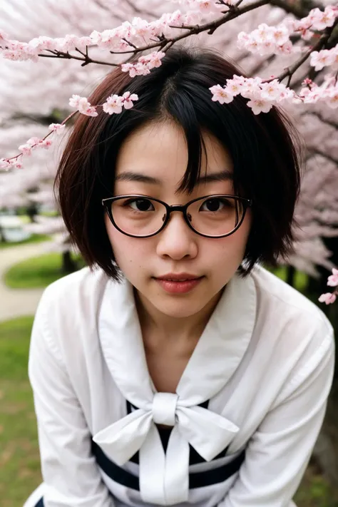 documentary photo of young asian nerdy woman under a sakura tree, wearing a white shirt and a bow, surrounded by a cozy atmosphere, looking at the viewer. short hair, (extreme closeup:1.12), (high detailed skin:1.1), technicolor, soft tones,dreamy haze,perfect face,by Lee Friedlander