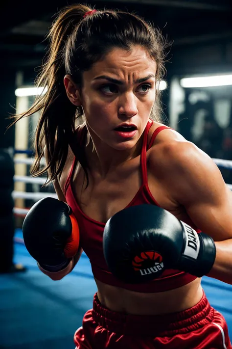 Intense colored of a female boxer, focusing on her clenched fists and steely gaze, captured just before a punch, close-up, set in a gritty, old-school boxing gym with equipment in the background, lit by a single spotlight casting dramatic shadows, shot from a head-on angle, using a 50mm lens with a fast shutter speed to freeze the action, in the style of Howard Schatz. (perfect face), (8K, 16k, uhd, dslr), (RAW photo:1.2), (best quality:1.4), (high quality:1.4), (masterpiece:1.2), (realistic:1.3), (photo-realistic:1.4), ultra-detailed, (grainy:0.4)