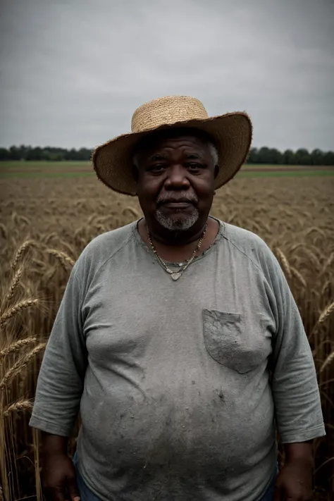documentary photo of old a black fat man, a straw hat, (farmer, dirty clothes:1.1), a field with wheat in the background, a ranch, warm lighting, cosy atmosphere looking at the viewer. dark photo, grainy, dimly lit, (high detailed skin:1.1), technicolor, soft tones,dreamy haze,perfect face,by Lee Friedlander