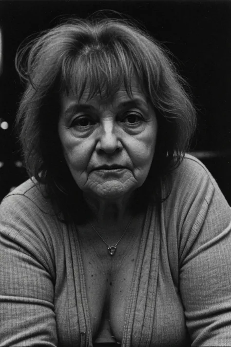 documentary photo of old chubby woman, shadows, messy hair, perfect face and body, dark, nighttime, looking at the viewer. dark photo, grainy, dimly lit, (high detailed skin:1.1), technicolor, soft tones,dreamy haze,perfect face,by Lee Friedlander