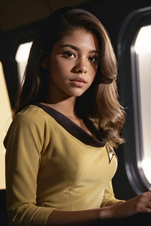 (startrektos yellow dress:1.3),r1ta-001, brunette hair, brown eyes, on on a space station, finely detailed skin, rim lighting, hard lighting, ((hasselblad photography)) (8K, 16k, uhd, dslr), (RAW photo:1.2), (best quality:1.4), (high quality:1.4), (masterpiece:1.2), (realistic:1.3), (photo-realistic:1.4), ultra-detailed, (grainy:0.4) <lora:StartrekTosV3-000028:0.8>