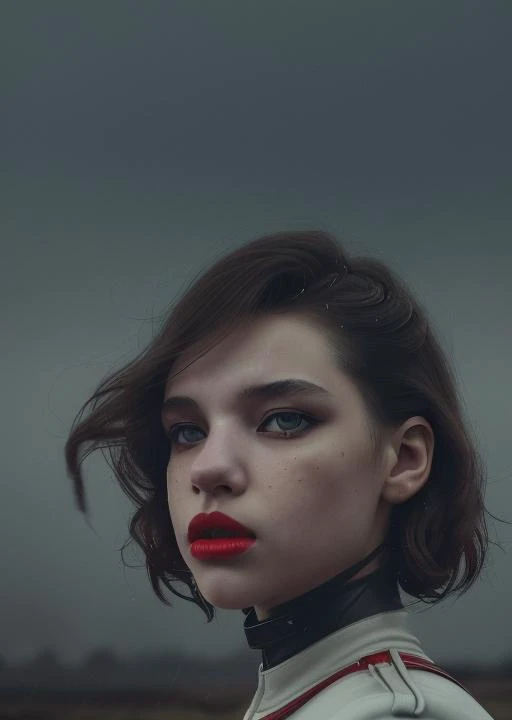 bruna, angelic face, half-length portrait of girl,light eyes, hair raised by the wind, long hair, pale skin, side lighting, high contrast , movement posture, dark background, photo quality, 4K, futuristic, diesel punk, ww1, cccp, red, warhammer, mech on background, battlefield, shadows, rain, fog, red lips <lora:bruna_linzmeyer_v1:1>