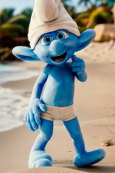 <lora:Rrrrastyapka:1>, Smurf stands in a sexy pose on the beach in a white hat and white mini shorts, smiling sweetly and winking with an eye, looking at the camera, perfect eyes, perfect quality, high quality, sticking out his butt, one eye closed, sticking out his tongue