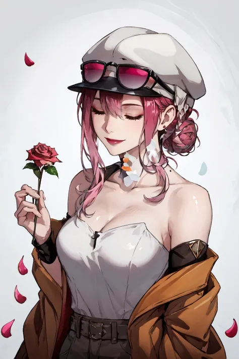 1girl, solo, smile, hat, white background, dress, holding, bare shoulders, closed mouth, collarbone, jacket, closed eyes, upper body, flower, white hair, hair bun, petals, makeup, rose, single hair bun, sunglasses, eyewear on head, pink flower, brown jacket, holding flower,large breasts,(shiny skin:1.15),(mature female:1.2),shalom, <lora:shalom-v1-nai-7ep-resize:0.6>