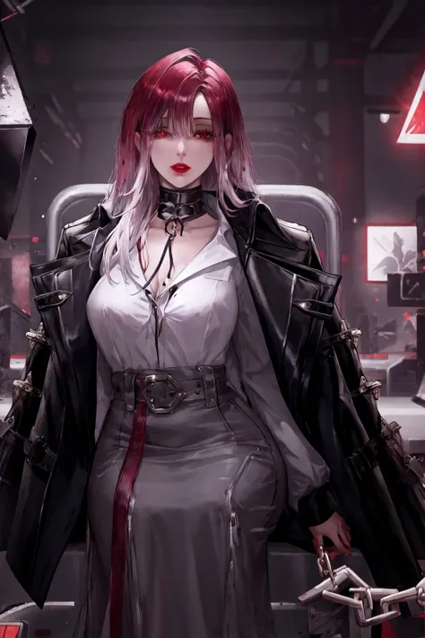 1girl, solo, looking at viewer, shirt, red eyes, jacket, white shirt, red hair, parted lips, choker, chain, jacket on shoulders,large breasts,(shiny skin:1.15),(mature female:1.2),shalom, <lora:shalom-v1-nai-7ep-resize:0.7>