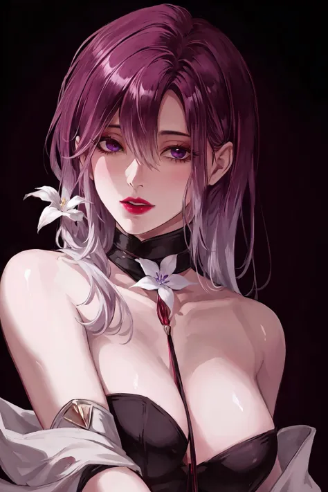 1girl, solo, long hair, looking at viewer, dress, holding, hair between eyes, bare shoulders, upper body, purple hair, flower, parted lips, choker, hand up, off shoulder, white flower, black background, holding flower,[[realistic]],large breasts,(shiny skin:1.15),(mature female:1.2),shalom, <lora:shalom-v1-nai-7ep-resize:0.6>
