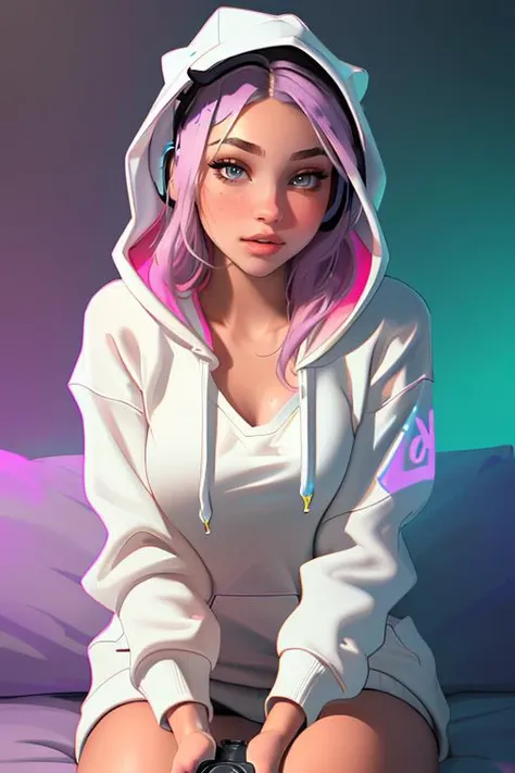 DEN_thicktachi_OF,
(sitting at a computer wearing headphones and playing games (holding a controller:1.2) wearing a (hoodie:1.2) in a (neon lit room:1.3), (gamer:1.2), gaming, (gamer girl:1.3), games, (purple lighting, neon:1.2):1.2),
bokeh, f1.4, 40mm, photorealistic, raw, 8k, textured skin, skin pores, intricate details <lora:epi_noiseoffset2:1>, epiCRealism
