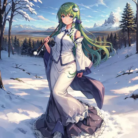 anime girl in white dress with long green hair and a sword