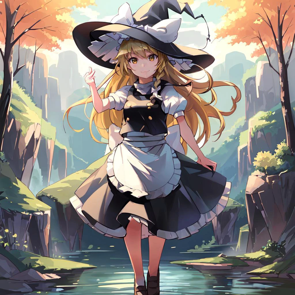 masterpiece, best quality, illustration, 1girl, solo, standing, empty hands, smiling, (((long shot, full body portrait))), <lora:Marisa_V1:1> ((blonde hair, witch hat, yellow eyes, long hair, vest,apron, white bow, short sleeves, hat bow, braid, puffy sleeves, skirt)), kirisame marisa, lake, rocks, trees, blue sky, day, <lora:Fantastic_Landscape_V1:0.4> Fantascape