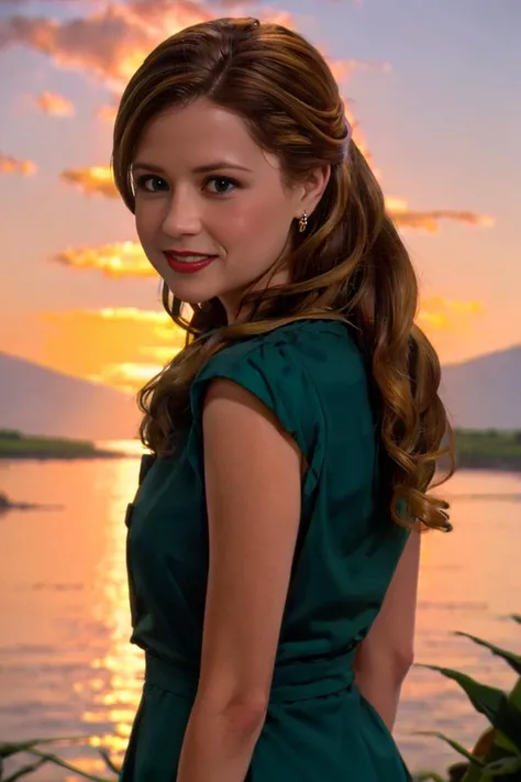 Pam Beesly standing on the edge of a serene lake, surrounded by a lush forest of vibrant emerald-green trees. The golden rays of the setting sun caress their flawless skin, casting a warm glow that highlights their high cheekbones, full lips, and sparkling eyes. Their lustrous, flowing hair, the color of a sunset, cascades down their shoulders, framing their angelic face. They exude confidence, grace, and an air of mystery, making them an ethereal vision that captivates all who behold them. <lora:Pam:1>