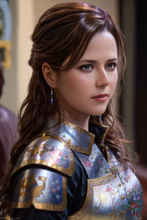 modelshoot style,Pam Beesly, (extremely detailed CG unity 8k wallpaper), full shot body photo of the most beautiful artwork in the world, medieval armor, professional majestic oil painting by Ed Blinkey, Atey Ghailan, Studio Ghibli, by Jeremy Mann, Greg Manchess, Antonio Moro, trending on ArtStation, trending on CGSociety, Intricate, High Detail, Sharp focus, dramatic, photorealistic painting art by midjourney and greg rutkowski <lora:Pam:0.8>