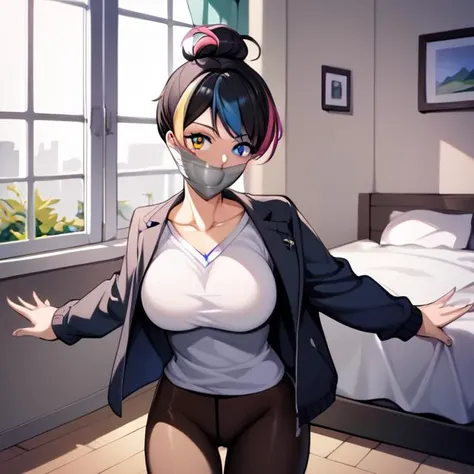 score_9, score_8, score_7, BREAK source_anime, absurdres, masterpiece, high quality, extremely detailed, CG unity, 8k wallpaper, highly detailed, 1girl, solo, heterochromia, multicolored hair, jacket, sweater, collarbone, bottomless, pantyhose, wraparound tape gag, improvised gag, hair pulled by tape, hair wrapped by tape, grey tape gag, large breast, reaching towards viewer, bedroom, window,<lora:WrapGagXLv3Prodigy:1>