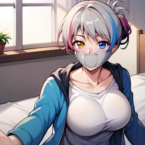 score_9, score_8, score_7, BREAK source_anime, absurdres, masterpiece, high quality, extremely detailed, CG unity, 8k wallpaper, highly detailed, 1girl, solo, heterochromia, multicolored hair, jacket, sweater, collarbone, bottomless, pantyhose, wraparound tape gag, improvised gag, hair pulled by tape, hair wrapped by tape, grey tape gag, large breast, reaching towards viewer, bedroom, window,<lora:WrapGagXLv3Prodigy:1>