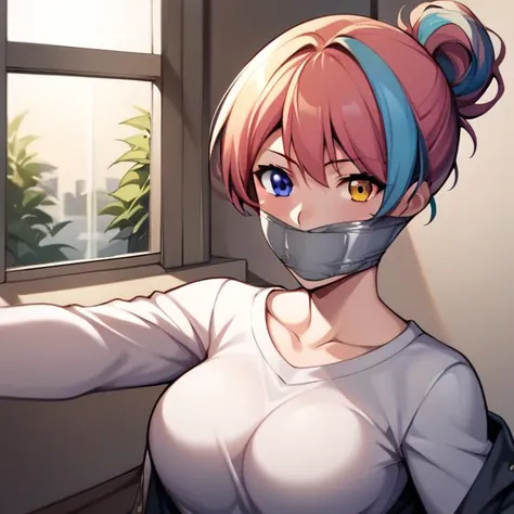 score_9, score_8, score_7, BREAK source_anime, absurdres, masterpiece, high quality, extremely detailed, CG unity, 8k wallpaper, highly detailed, 1girl, solo, heterochromia, multicolored hair, jacket, sweater, collarbone, bottomless, pantyhose, wraparound tape gag, improvised gag, hair pulled by tape, hair wrapped by tape, grey tape gag, large breast, reaching towards viewer, bedroom, window,<lora:WrapGagXLv3Prodigy:1>