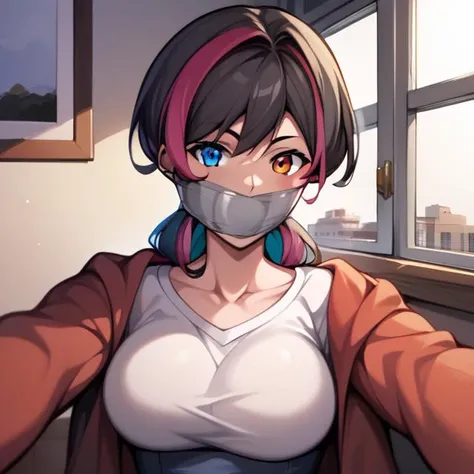score_9, score_8, score_7, BREAK source_anime, absurdres, masterpiece, high quality, extremely detailed, CG unity, 8k wallpaper, highly detailed, 1girl, solo, heterochromia, multicolored hair, jacket, sweater, collarbone, bottomless, pantyhose, wraparound tape gag, improvised gag, hair pulled by tape, hair wrapped by tape, grey tape gag, large breast, reaching towards viewer, bedroom, window,<lora:WrapGagXLv3Prodigy:1>
