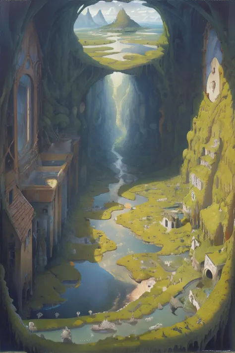 <lora:jacekyerkastyle:0.3>, Jacek Yerka style, surrealism, mystic marshlands, mist-covered swamps, ancient rituals, arcane energies || <lora:jacekyerkastyle:0.3>, Jacek Yerka style, surrealism, masterpiece, 8k, high resolution, shallow depth of field, sharp focus