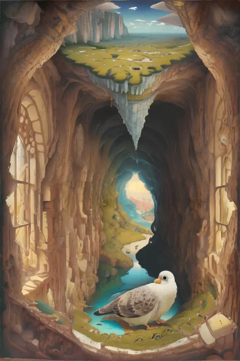 <lora:jacekyerkastyle:0.3>, Jacek Yerka style, surrealism, Pigeon, Crisp autumn weather, Hidden Cave with Crystal Geodes || <lora:jacekyerkastyle:0.3>, Jacek Yerka style, surrealism, masterpiece, 8k, high resolution, shallow depth of field, sharp focus